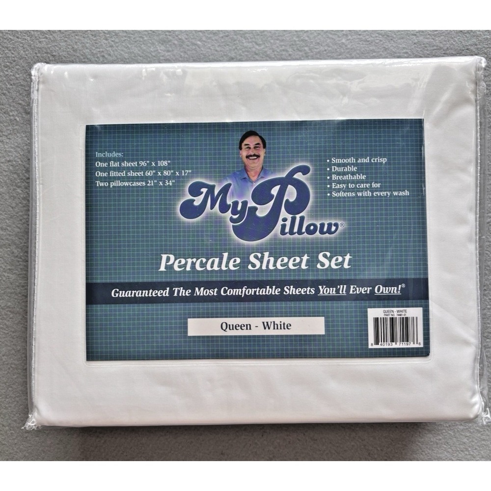 NEW My Pillow Percale Cotton Sheet Set Queen Size in WHITE 4 Piece